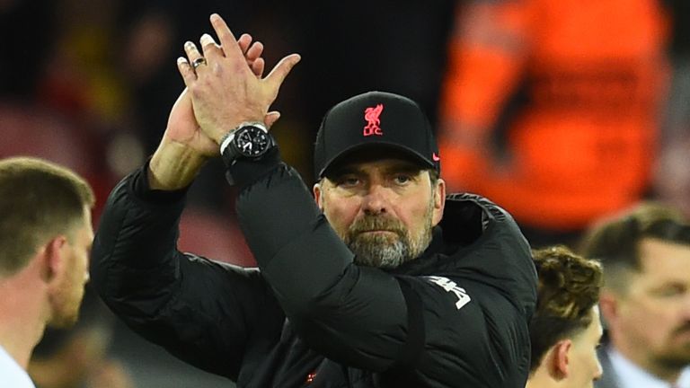 Jurgen Klopp manager of Liverpool at the end of the UEFA Champions League Quarter Final Leg Two match between Liverpool FC and SL Benfica at Anfield on April 13, 2022 in Liverpool, England.