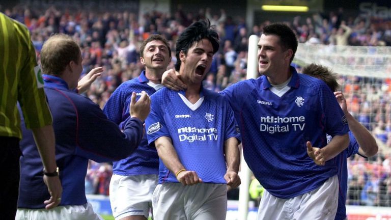 Ranger&#39;s player Mikel Arteta celebrates scoring during the Bank of Scotland premier League football match at Ibrox between Rangers and Dunfermline.