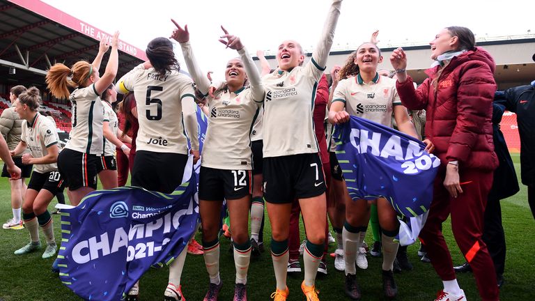 Taylor Hinds and Missy Bo Kearns of Liverpool celebrate after victory leading to promotion to Barclays FA Women&#39;s Super League following the FA Women&#39;s Championship match between Bristol City Women and Liverpool Women at Ashton Gate on April 03, 2022 in Bristol, England.