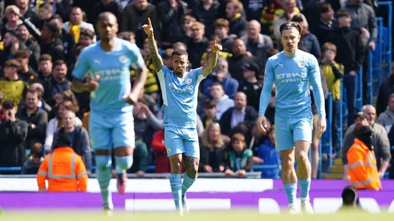 Gabriel Jesus celebrates after scoring for Manchester City against Watford