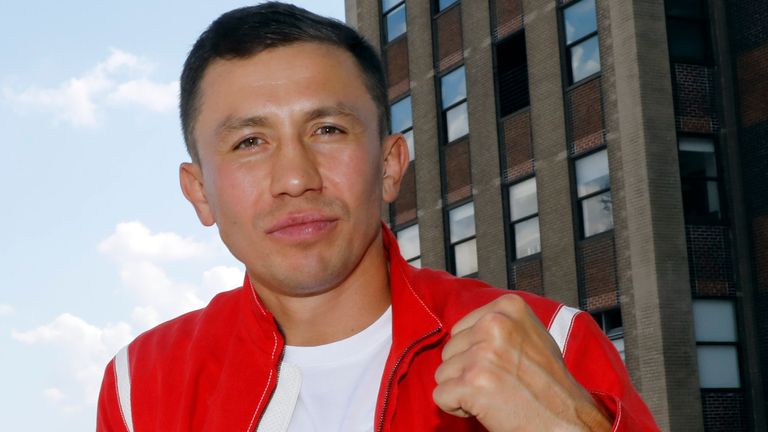 Kazakhstan's Gennady Golovkin poses for photos after a news conference at New York's Madison Square Garden, Thursday, Aug.  22, 2019. (AP Photo/Richard Drew)