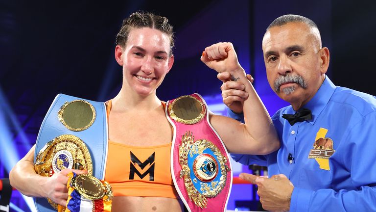 COSTA MESA, CALIFORNIA - APRIL 09: Mikaela Mayer is victorious as she defeats Jennifer Han during their WBO and IBF junior lightweight championship fight at The Hangar on April 09, 2022 in Costa Mesa, California. (Photo by Mikey Williams/Top Rank Inc via Getty Images)