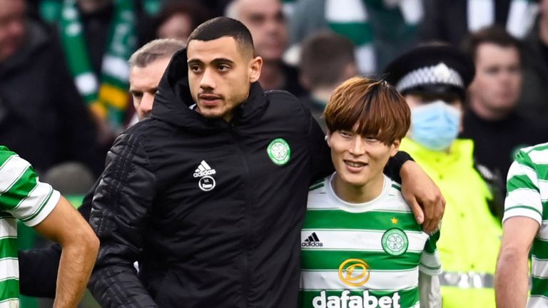 GLASGOW, SCOTLAND - OCTOBER 23: Celtic's Giorgos Giakoumakis and Kyogo Furuhashi at full time during the cinch Premiership match between Celtic and St Johnstone at Celtic Park on October 23, 2021, in Glasgow, Scotland. (Photo by Rob Casey / SNS Group)