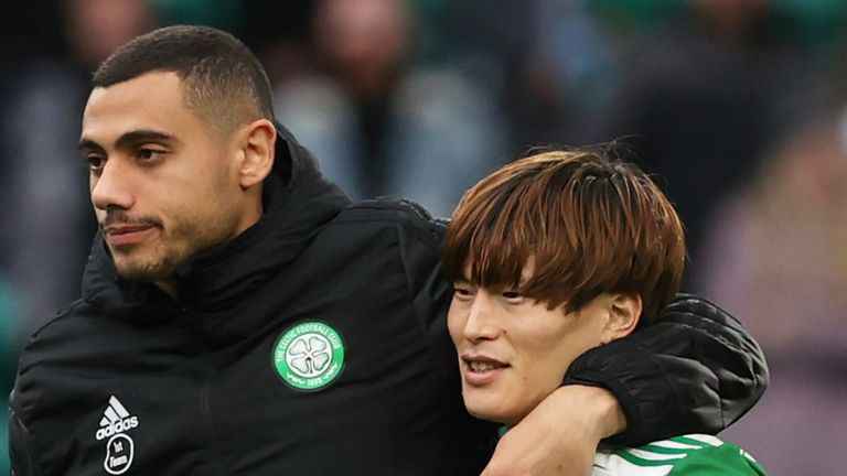 GLASGOW, SCOTLAND - OCTOBER 23: Celtic's Giorgos Giakoumakis and Kyogo Furuhashi at full time during the cinch Premiership match between Celtic and St Johnstone at Celtic Park on October 23, 2021, in Glasgow, Scotland. (Photo by Alan Harvey / SNS Group)