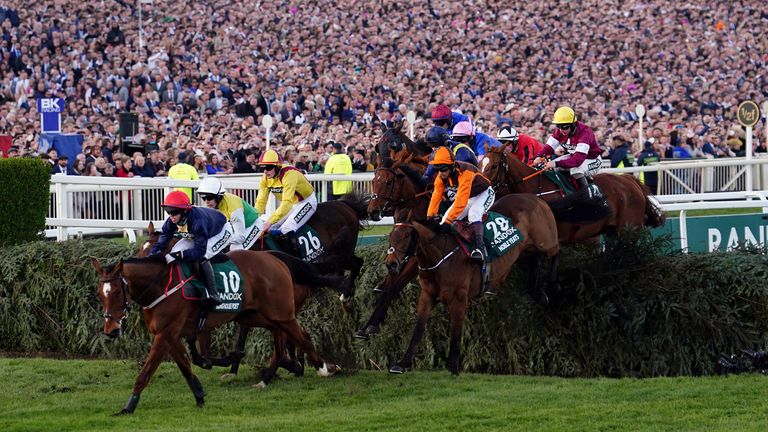 Longhouse Poet goes to the front of the Grand National field, with winner Noble Yeats (orange cap) stalking
