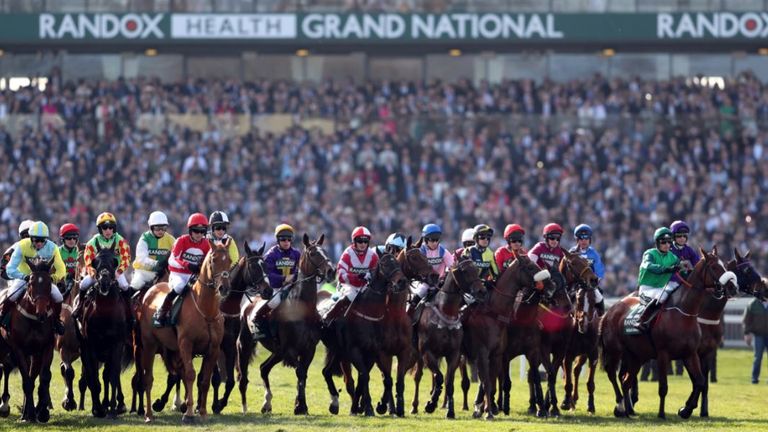 Runners line up for the start of the Grand National