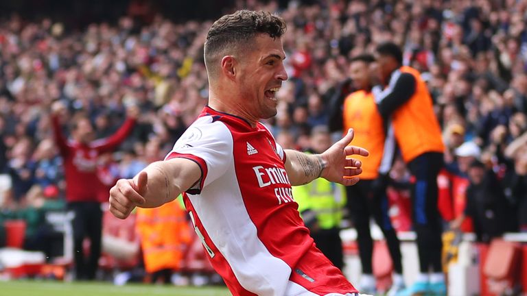 Granit Xhaka celebrates after putting Arsenal 3-1 up against Manchester United