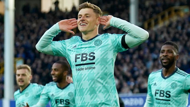 Leicester's Harvey Barnes celebrates after scoring the opener (AP)