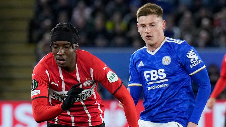 PSV's Noni Madueke and Leicester's Harvey Barnes during Europa Conference League match
