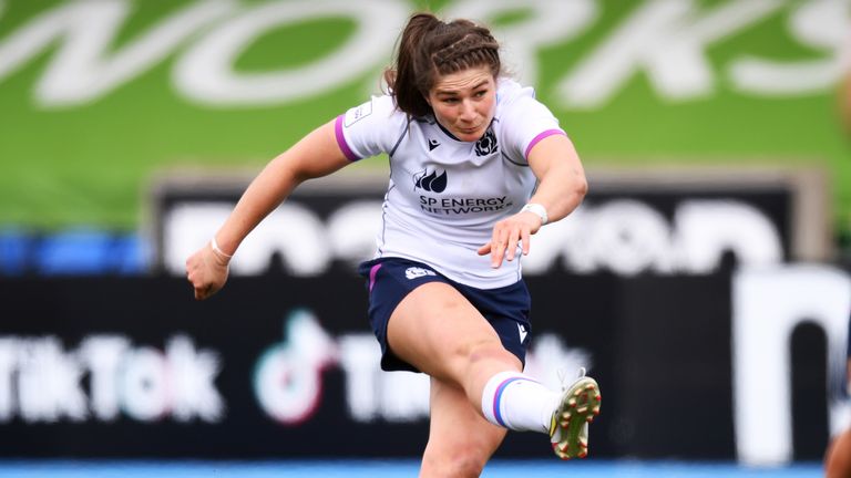 Scotland's Helen Nelson converts a first half penalty during a TikTok Women's Six Nations match between Scotland and France at Scotstoun Stadium, on April 10, 2022, in Glasgow, Scotland. (Photo by Ross MacDonald / SNS Group)