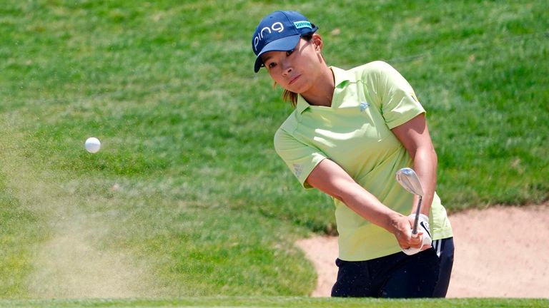 Hinako Shibuno of Japan plays a shot on the seventh hole during the third round of the Lotte Championship golf tournament at Hoakalei Country Club in Ewa Beach on the Hawaiian island of Oahu on April 15, 2022. (Kyodo via AP Images) ==Kyodo