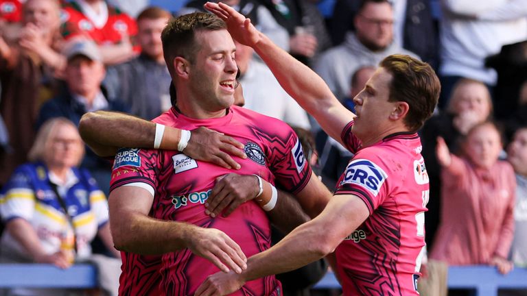 Picture by Paul Currie/SWpix.com - 29/04/2022 - Rugby League - Betfred Super League Round 11 - Warrington Wolves v Wigan Warriors - Halliwell Jones Stadium, Warrington, England - Ian Thornley of Wigan Warriors celebrates scoring the 2nd try