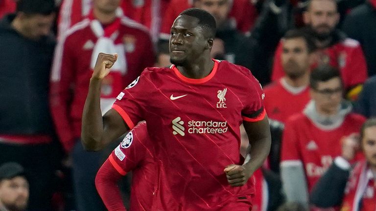 Ibrahima Konate celebrates scoring Liverpool&#39;s opening goal against Benfica at Anfield