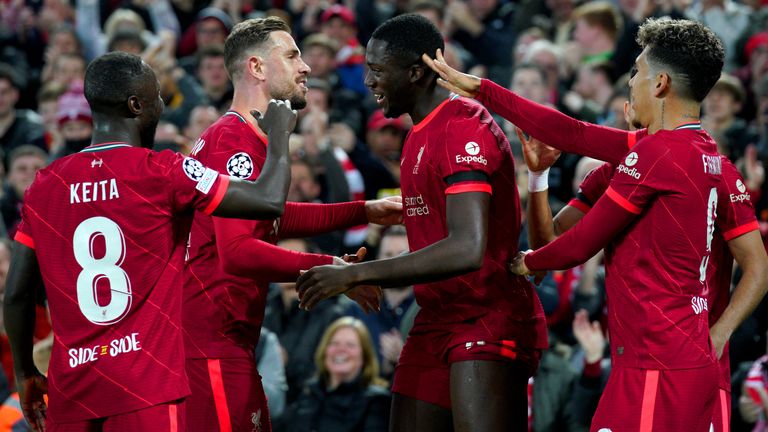 Liverpool players celebrate Ibrahima Konate&#39;s opener at Anfield