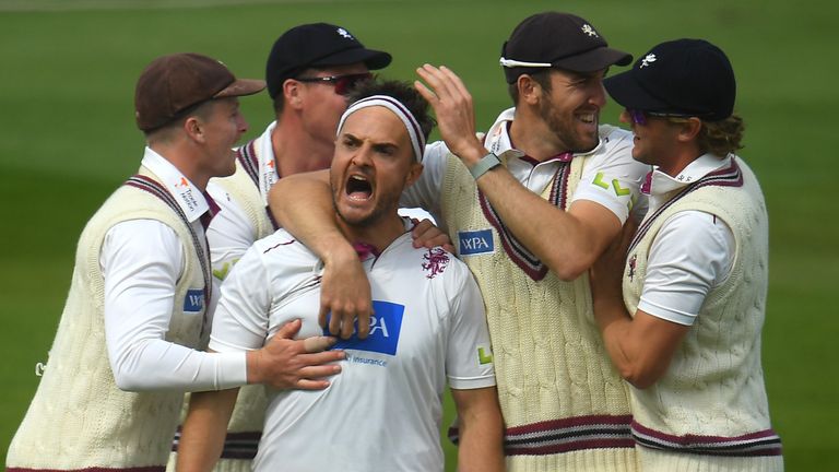 Jack Brooks of Somerset celebrates after taking the wicket of Danny Briggs of Warwickshire during Day Three of the LV= Insurance County Championship match