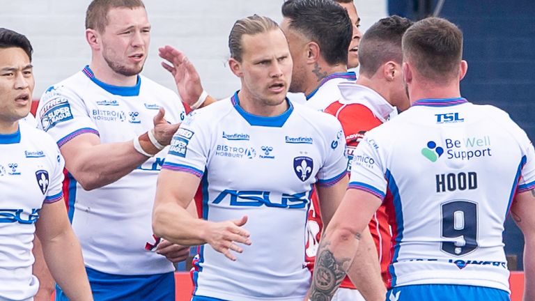 Picture by Allan McKenzie/SWpix.com - 03/04/2022 - Rugby League - Betfred Super League Round 7 - Wakefield Trinity v Salford Red Devils - Be Well Support Stadium, Wakefield, England - Wakefield celebrate Jacob Miller's try (c) against Salford.