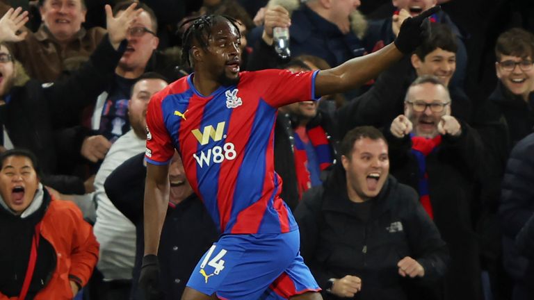 Crystal Palace's Jean-Philippe Mateta celebrates after scoring the opening goal against Arsenal