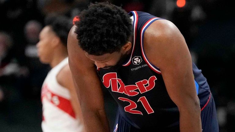 Philadelphia 76ers center Joel Embiid looks fatigued during Game 6 with Toronto Raptors