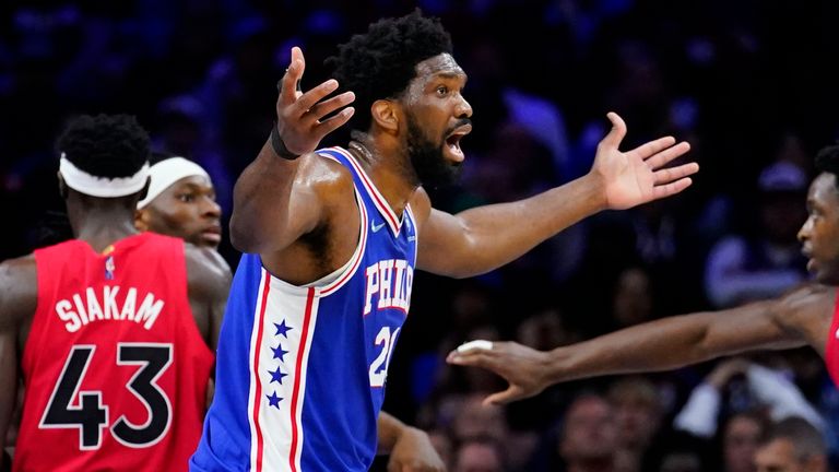 Joel Embiid reacts with frustration during Game 5 against the Toronto Raptors