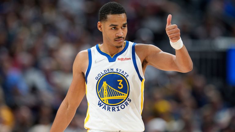 Golden State Warriors guard Jordan Poole gestures to the bench during Game 3 against the Denver Nuggets
