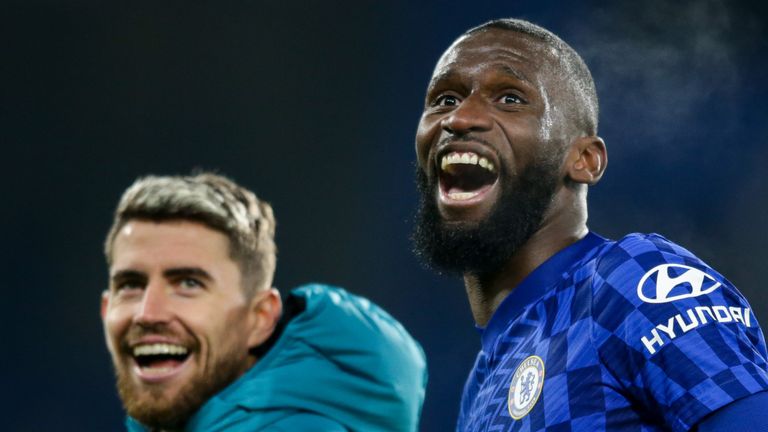 LONDON, ENGLAND - NOVEMBER 23: Jorginho and Antonio Rudiger of Chelsea after their team win during the UEFA Champions League group H match between Chelsea FC and Juventus at Stamford Bridge on November 23, 2021 in London, England. (Photo by Robin Jones/Getty Images)