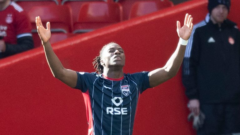 ABERDEEN, SCOTLAND - APRIL 09: Ross County's Joseph Hungbo celebrates as he makes it 1-0 during a cinch Premiership match between Aberdeen and Ross County at Pittodrie, on April 09, 2022, in Aberdeen, Scotland. 