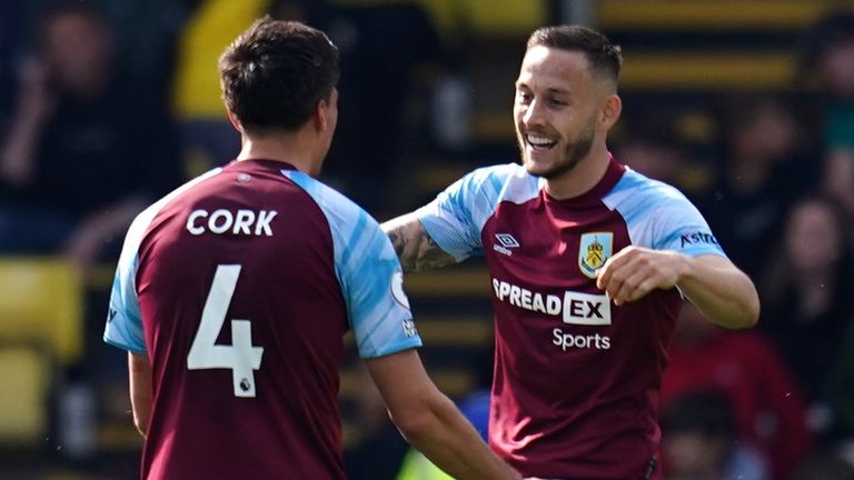 Burnley&#39;s Josh Brownhill (right) celebrates scoring their side&#39;s second goal vs Watford with team-mate Jack Cork