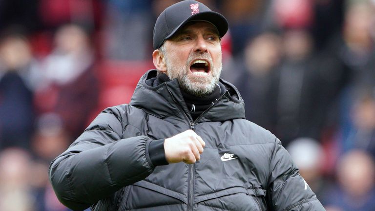 Liverpool manager Jurgen Klopp celebrates victory following the Premier League match at Anfield, Liverpool. Picture date: Saturday April 2, 2022.