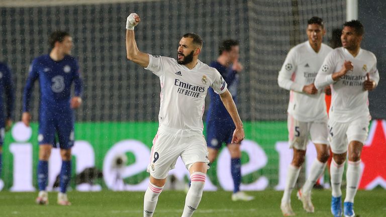 Real Madrid's Karim Benzema celebrates scoring their side's first goal of the game during the UEFA Champions League Semi Final, first leg, at the Estadio Alfredo Di Stefano in Madrid, Spain.