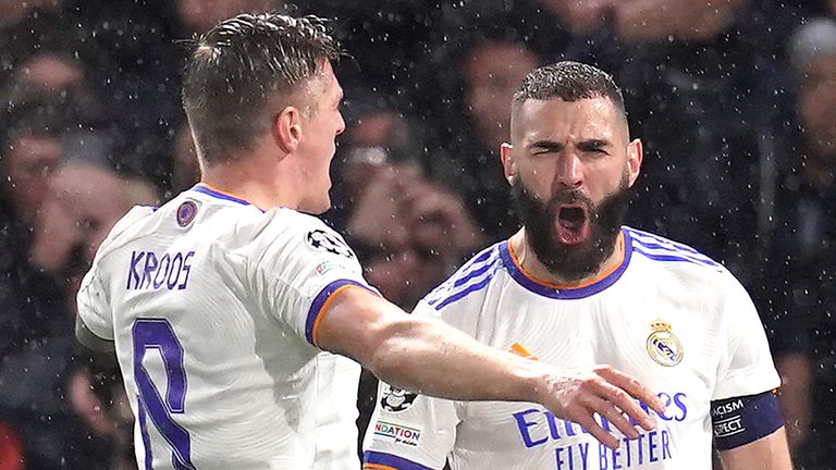 Karim Benzema celebrates scoring for Real Madrid vs Chelsea