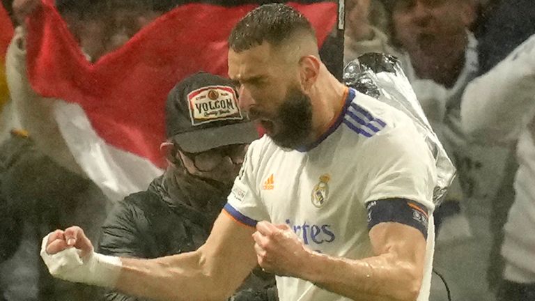 Karim Benzema celebrates scoring for Real Madrid vs Chelsea