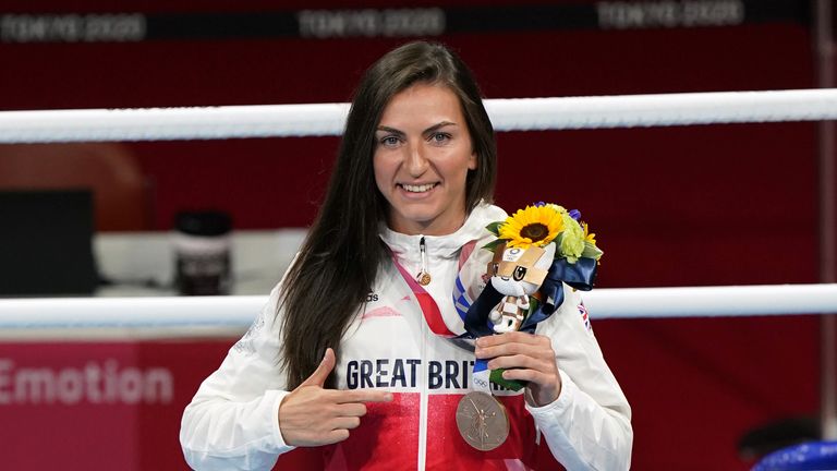 Karriss Artingstall of Great Britain with an Olympic Bronze medal in the Women&#39;s Feather (54-57kg) at the Kokugikan Arena on the eleventh day of the Tokyo 2020 Olympic Games in Japan.