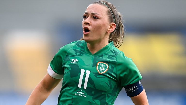 Gothenburg , Sweden - 12 April 2022; Katie McCabe of Republic of Ireland celebrates after scoring her side's first goal during the FIFA Women's World Cup 2023 qualifying match between Sweden and Republic of Ireland at Gamla Ullevi in Gothenburg, Sweden. (Photo By Stephen McCarthy/Sportsfile via Getty Images)