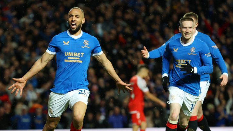 Rangers&#39; Kemar Roofe celebrates after scoring in extra-time against Braga