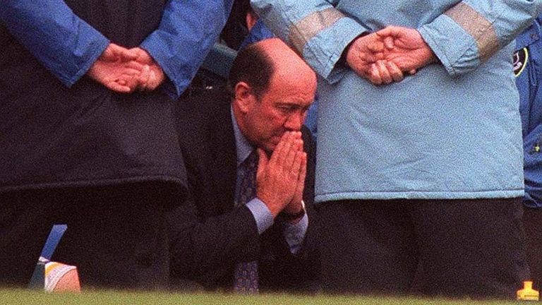 Howard&#39;s prayers answered: Everton manager Howard Kendall shows his emotions as the game starts between his side and Coventry today (Sunday). The final score of 1-1 retained Everton their place in the Premiership. Photo John Giles.PA.
