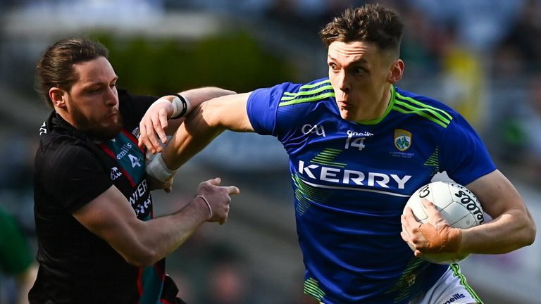 3 April 2022; David Clifford of Kerry in action against Pádraig O'Hora of Mayo during the Allianz Football League Division 1 Final match between Kerry and Mayo at Croke Park in Dublin. Photo by E..in Noonan/Sportsfile