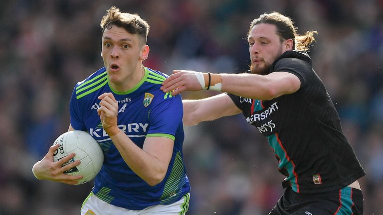 3 April 2022; David Clifford of Kerry in action against P..draig O'Hora of Mayo during the Allianz Football League Division 1 Final match between Kerry and Mayo at Croke Park in Dublin. Photo by Ray McManus/Sportsfile