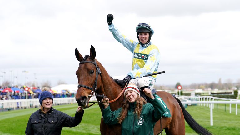 Kielan Woods celebrates after Miller Bank's victory in the Manifesto Novices' Chase