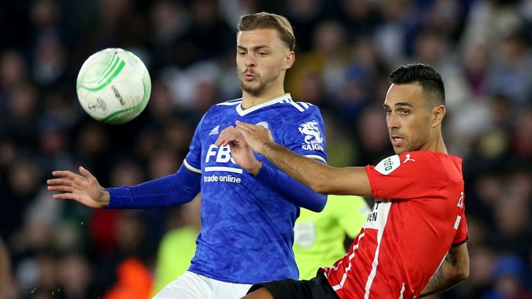 Leicester City&#39;s Kiernan Dewsbury-Hall battles with PSV Eindhoven&#39;s Eran Zahavi