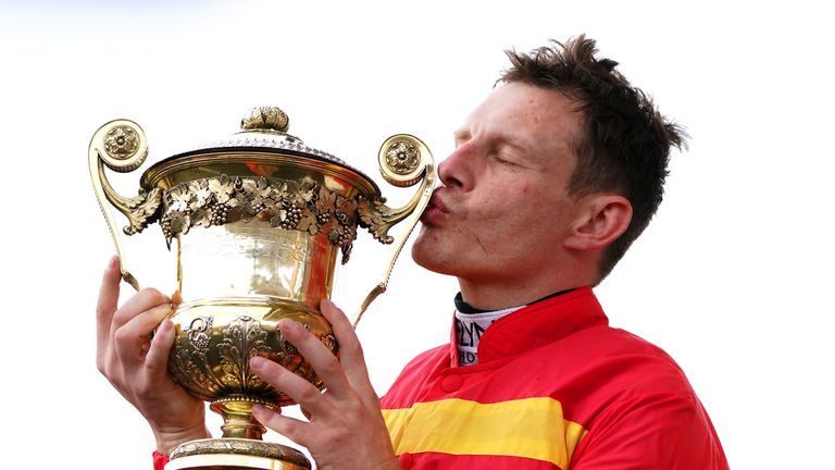 Paul Townend kisses the trophy after victory on Klassical Dream in the Punchestown Champion Stayers Hurdle