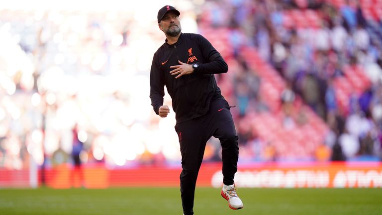 Jurgen Klopp celebrates Liverpool's FA Cup semi-final victory over Manchester City on the Wembley pitch