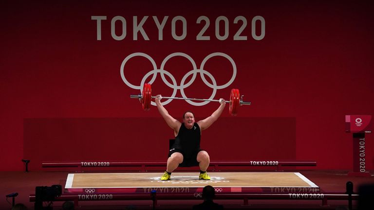 New Zealand's Laurel Hubbard in the Women's +87kg Group A Weightlifting at Tokyo international