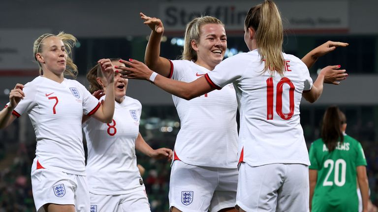 Lauren Hemp celebrates scoring the opening goal for England against Northern Ireland