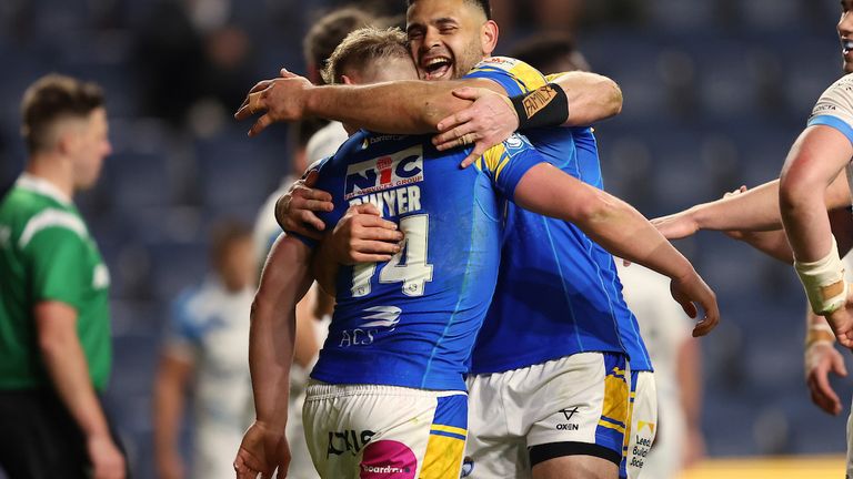 Brad Dwyer celebrates as he goes over at Headingley