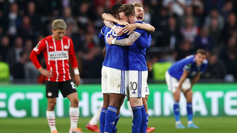 Leicester celebrate booking their place in the Europa Conference League semi-finals