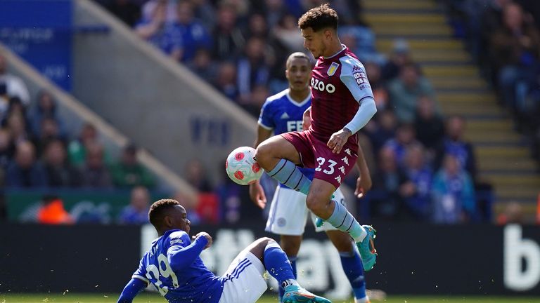 Aston Villa's Philippe Coutinho tries to take the ball away from opposition player Patson Daka.