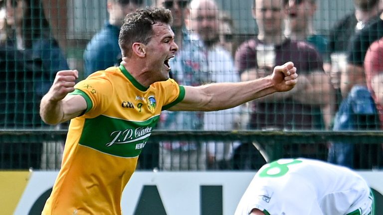 17 April 2022; Donal Wrynn of Leitrim celebrates after scoring his side's second goal during the Connacht GAA Football Senior Championship Quarter-Final match between London and Leitrim at McGovern Park in Ruislip, London, England. Photo by Sam Barnes/Sportsfile