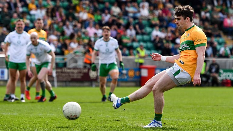17 April 2022; Ryan O'Rourke of Leitrim shoots to score his side's first goal, a penalty, during the Connacht GAA Football Senior Championship Quarter-Final match between London and Leitrim at McGovern Park in Ruislip, London, England. Photo by Sam Barnes/Sportsfile