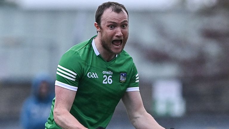 30 April 2022; Robbie Bourke of Limerick, left, celebrates after scoring his side's second goal, in extra-time, during the Munster GAA Senior Football Championship Quarter-Final match between Clare and Limerick at Cusack Park in Ennis, Clare. Photo by Piaras .. M..dheach/Sportsfile