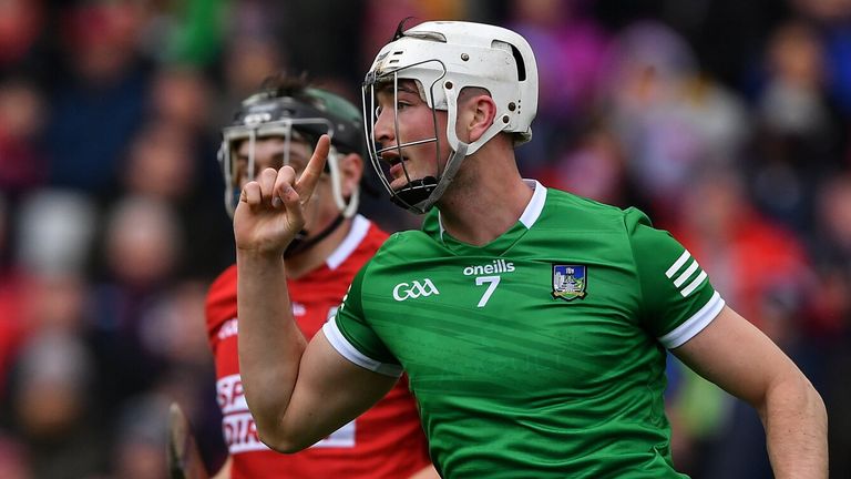 17 April 2022; Kyle Hayes of Limerick celebrates his 15th minute goal  during the Munster GAA Hurling Senior Championship Round 1 match between Cork and Limerick at P..irc U.. Chaoimh in Cork. Photo by Ray McManus/Sportsfile